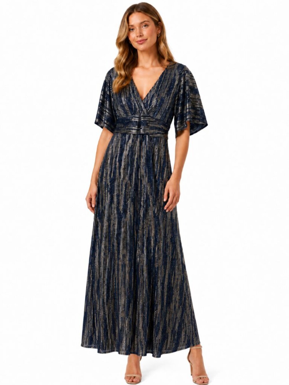 Lilly Pulitzer Medium Navy Gold Metallic Party Dress V Neck Maxi